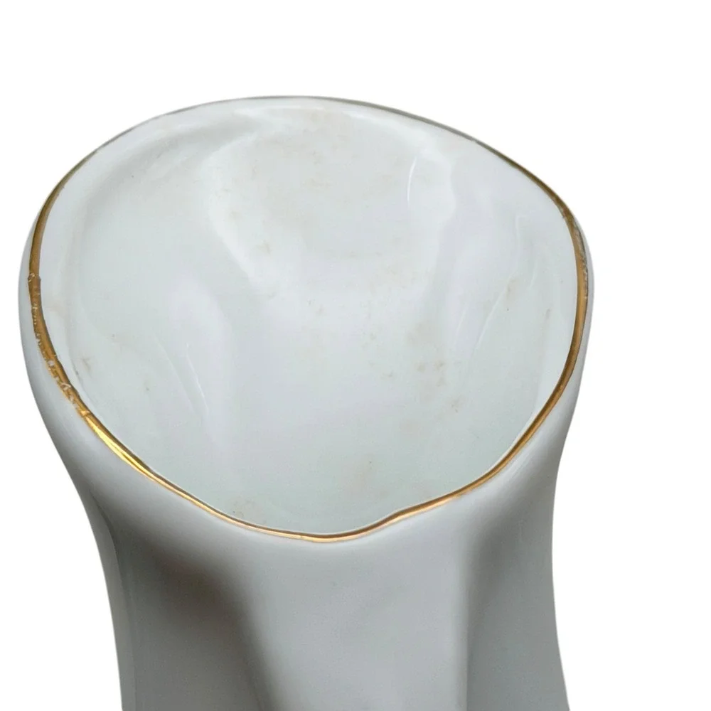 Vintage White Porcelain Bird Pitcher Vase Gold Trim Taiwan Songbird Decor‎